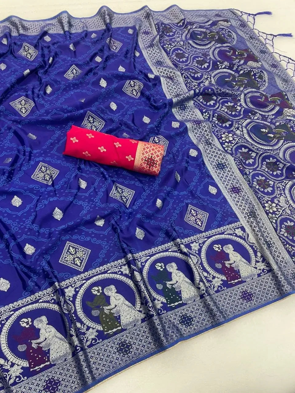 Royal blue soft silk saree with silver zari work and contrast pink blouse