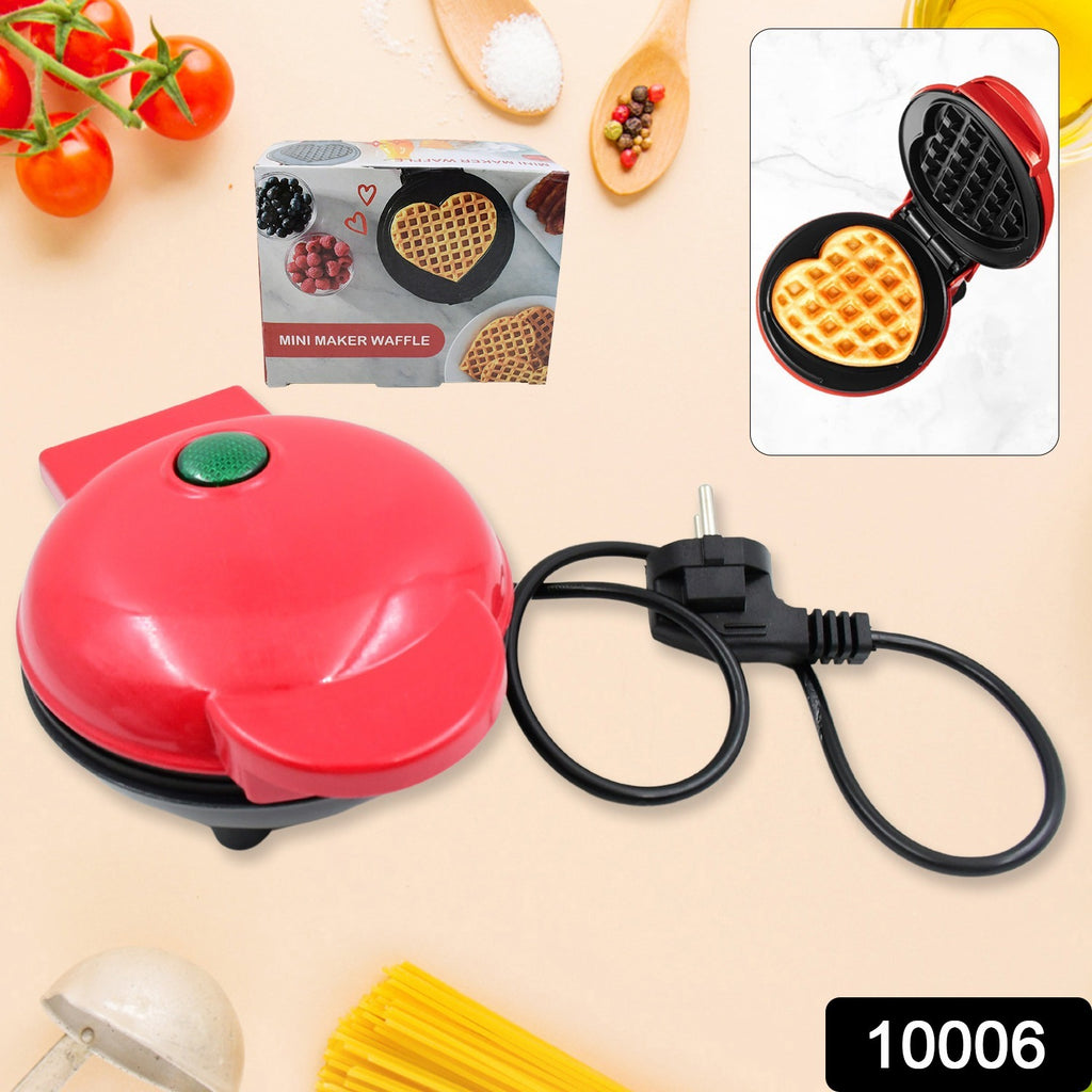 Red mini waffle maker machine with a golden waffle, ideal for breakfast, desserts, or snacks.