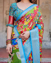 Premium Madhubani Tussar Silk Saree in Vibrant Red, Green & Blue with Sky Blue Zari Border - Exclusive Festive Wear