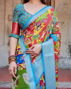 Premium Madhubani Tussar Silk Saree in Vibrant Red, Green & Blue with Sky Blue Zari Border - Exclusive Festive Wear