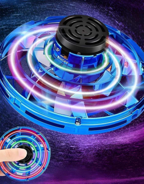 Close-up of the glowing blue and red LED lights inside the spherical cage