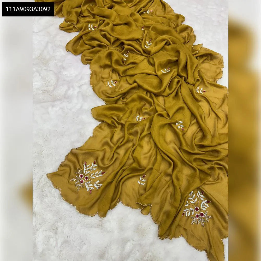 TRENDBUY Magic Satin Chiffon Silk Saree with Khatli handwork, elegant drape flat lay