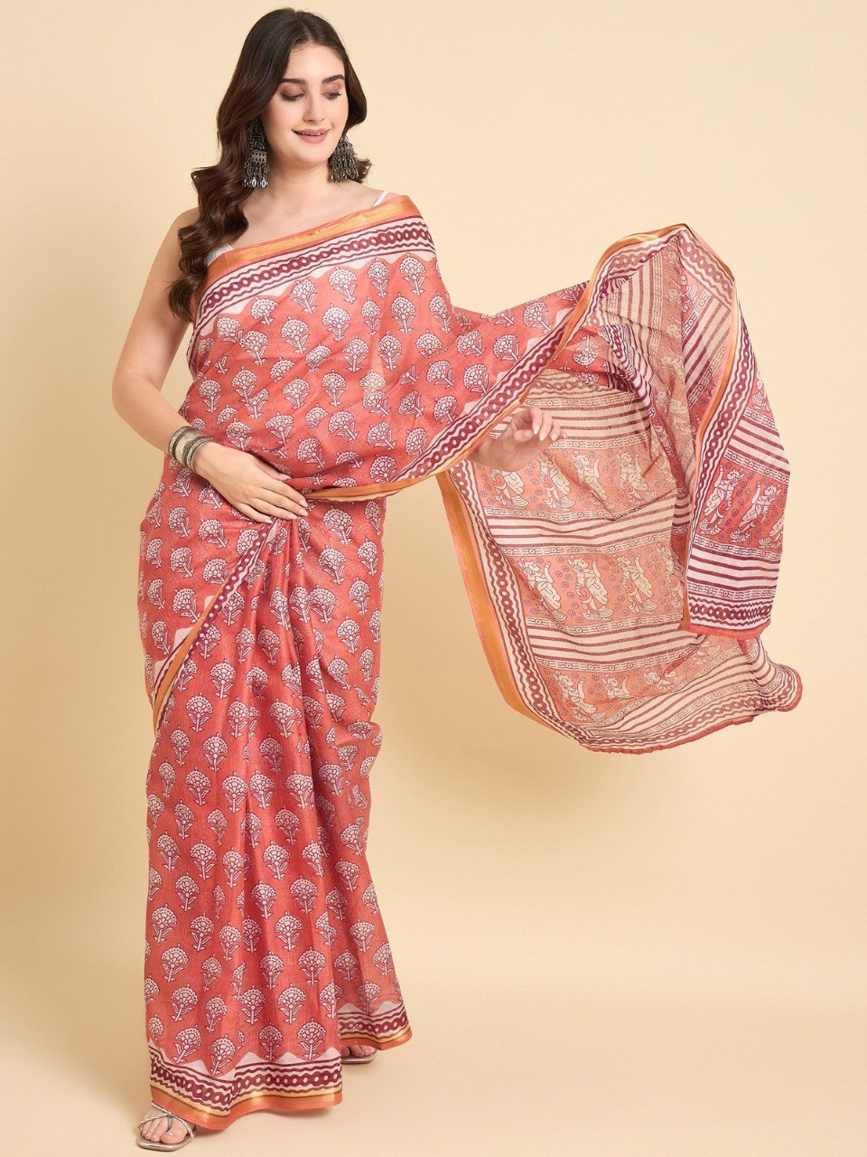 TRENDBUY Maheshwari Silk Pure Cotton Saree in Coral Red with Zari Border