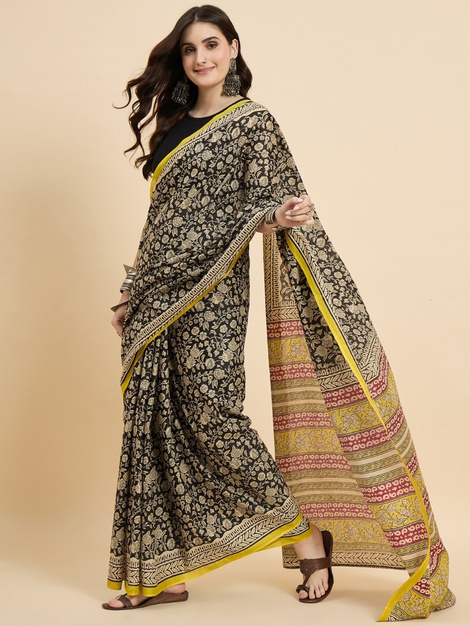 TRENDBUY Black & Yellow Bagru Print Mal Mal Cotton Saree for Women