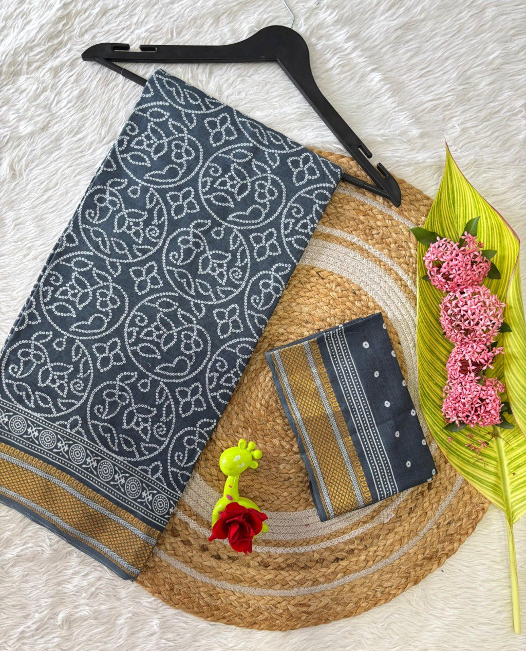 Charcoal Grey Bandhani Print Mal Mal Cotton Saree with Chatai Border - TRENDBUY