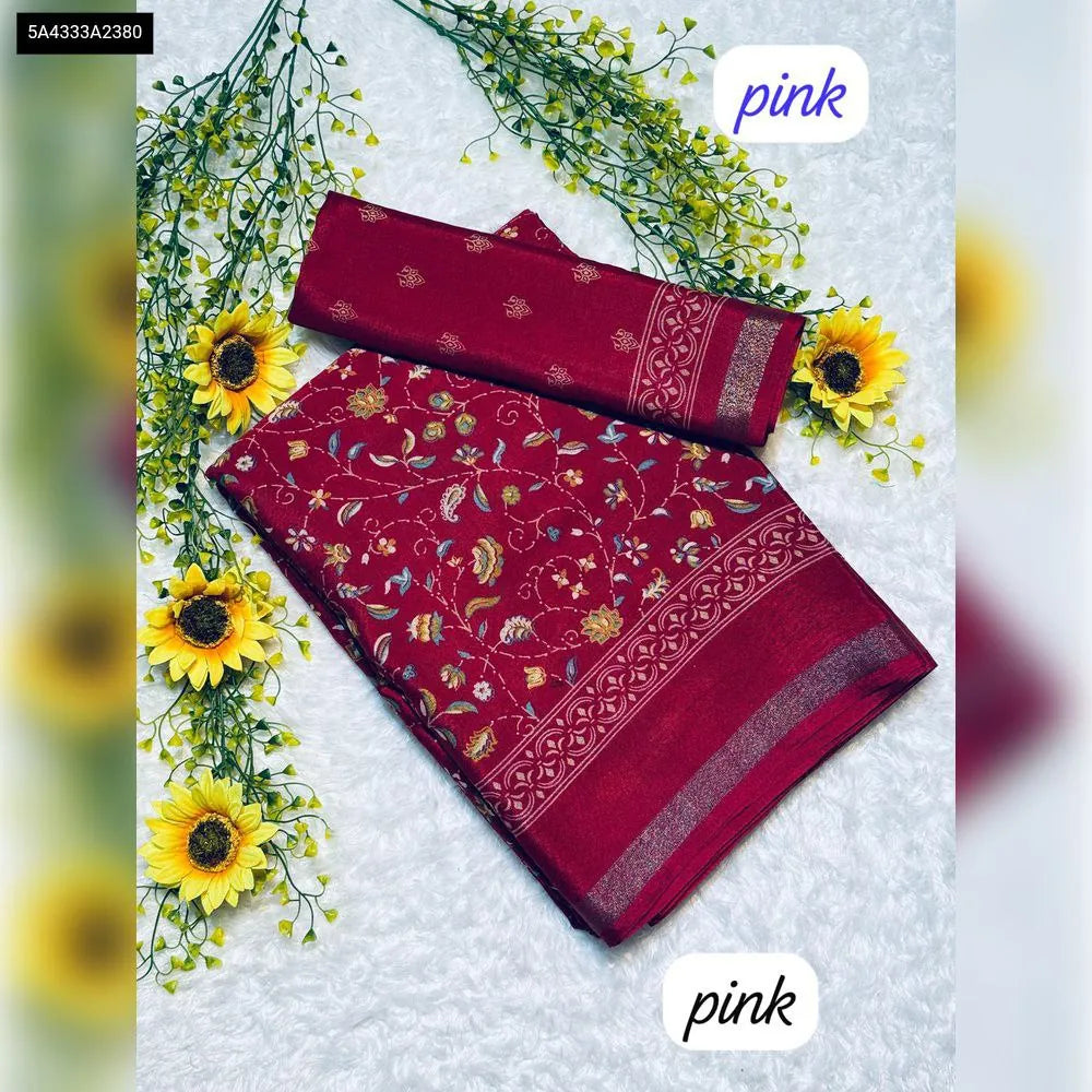 TRENDBUY Mangalagiri Mul Mul Cotton Saree in Pink with Floral Print and Jacquard Border, with Blouse Piece.