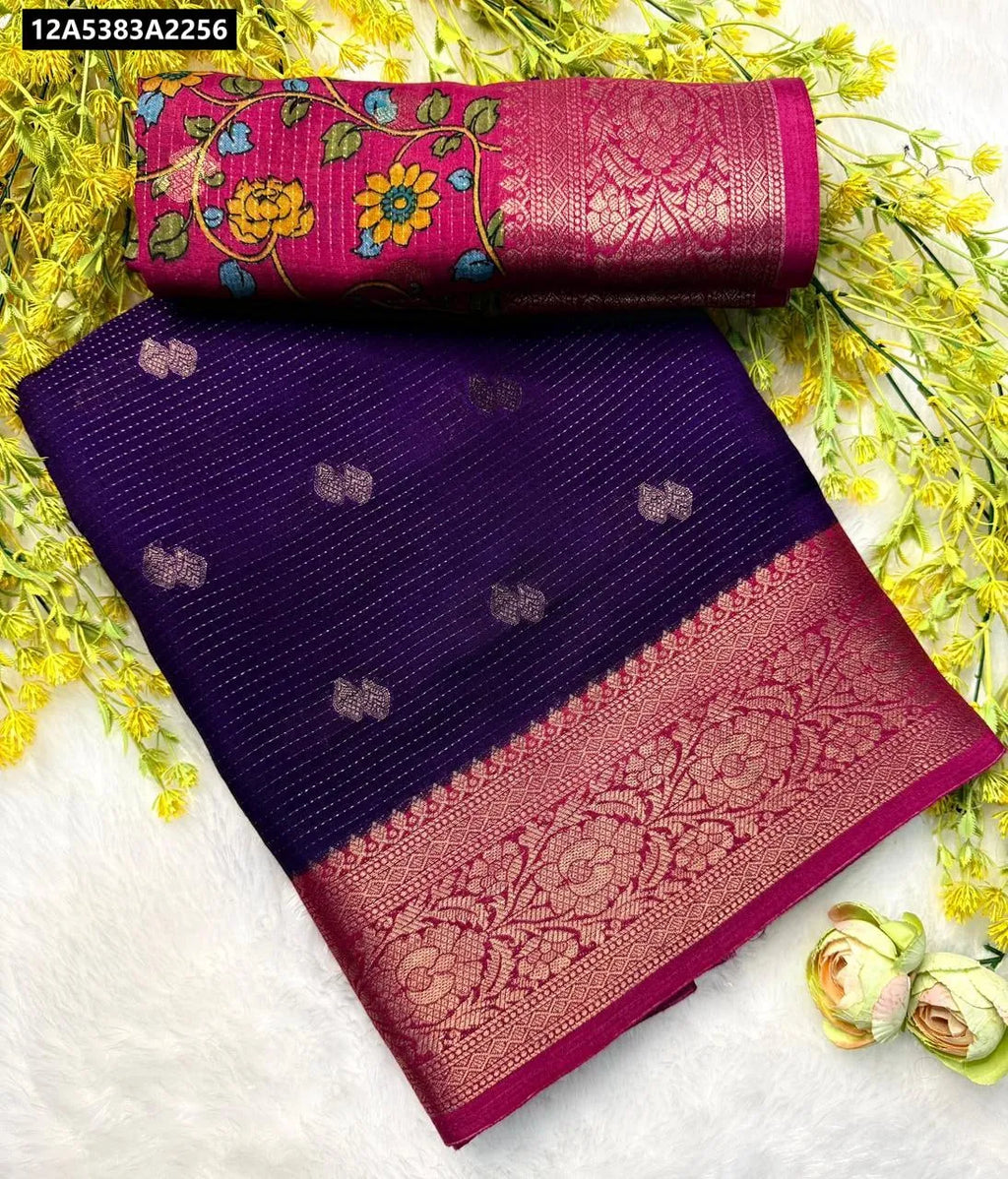 TRENDBUY Violet Mangalgiri Silk Saree with Jari Border and Embroidered Butti Blouse Piece