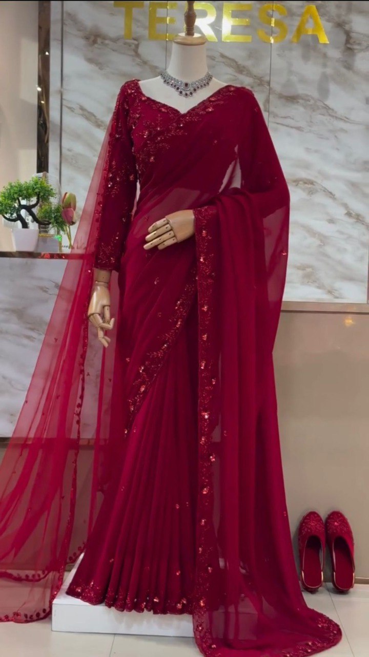 TRENDBUY Maroon Faux Georgette Saree with Thread & Sequin Work on Mannequin
