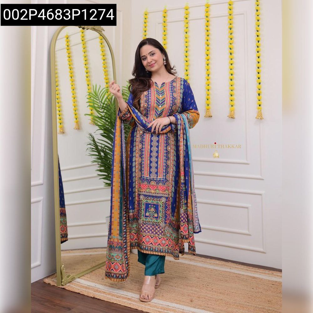 Full body shot of a smiling model posing confidently in the vibrant Masleen sequence kurti, pant, and dupatta set.