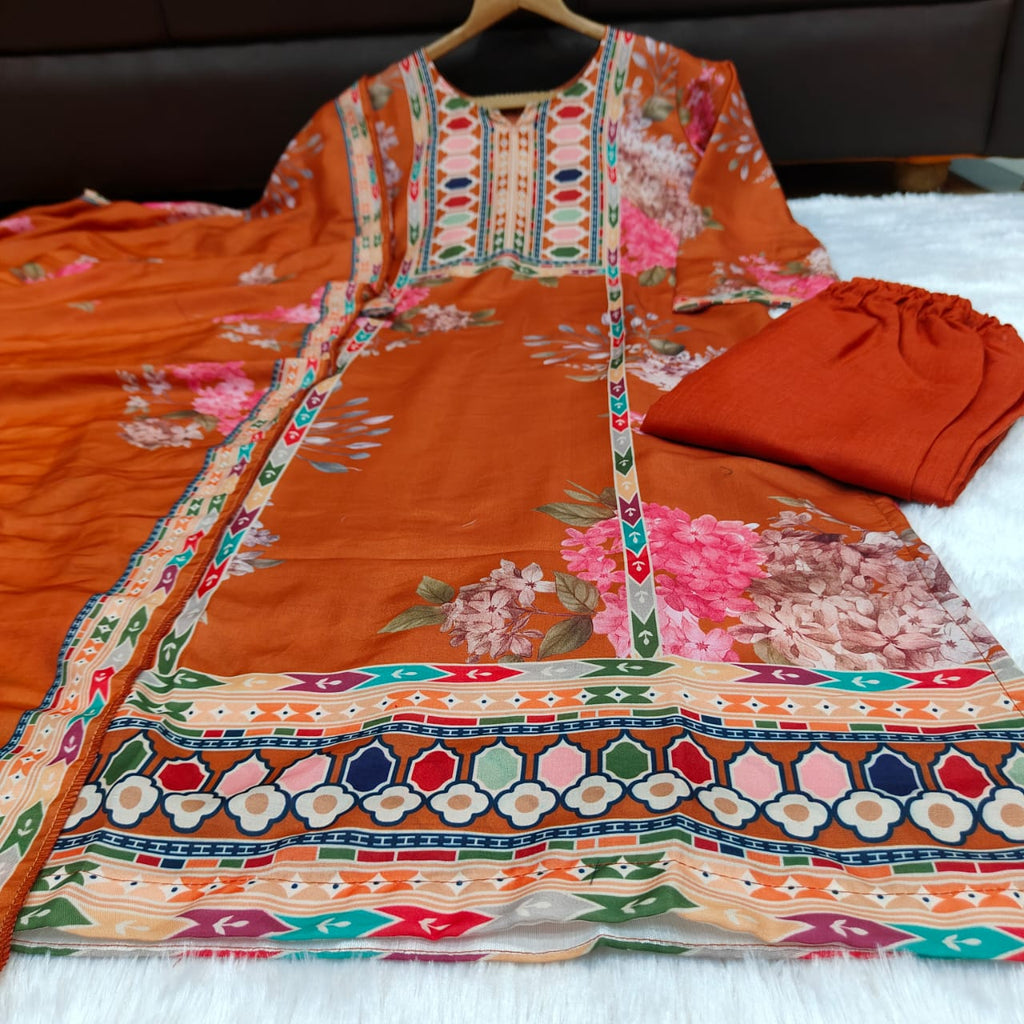 TRENDBUY Maslin Digital Print Suit set flat lay with top, pant, and dupatta