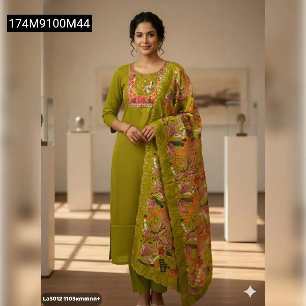 Woman in Olive Green Maslin Pach Work Kurti Set with floral dupatta, front view.