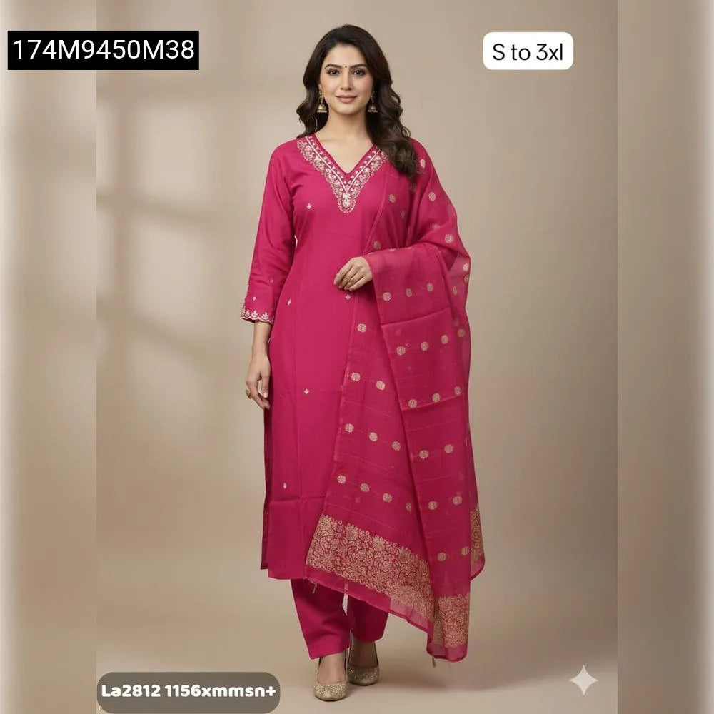 Hot Pink Maslin Silk Kurti Set with Hand Work and Banarasi Dupatta for Women, front view