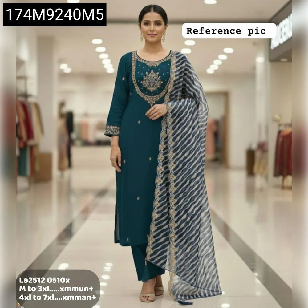 Model wearing Teal Maslin Silk Kurti Pant Set with Heavy Koding Work and Lehriya Dupatta