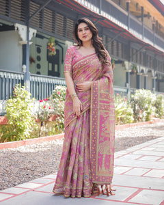 Mauve Pink Floral Handloom Cotton Saree for Women | Festive Wear