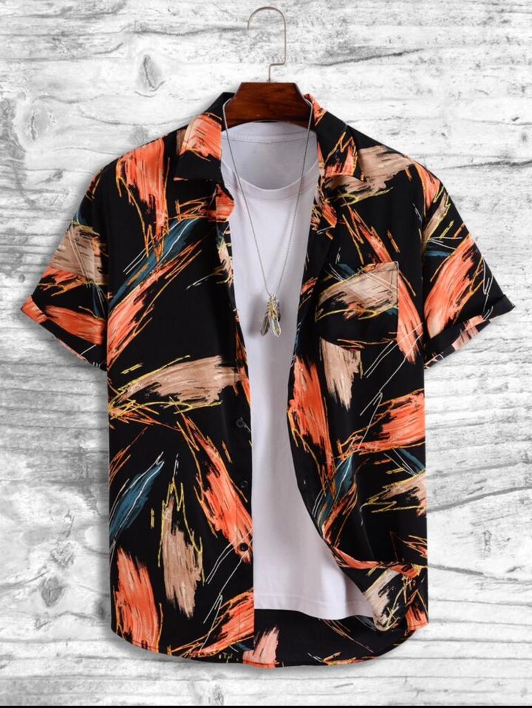 Men's regular fit printed spread collar casual shirt, styled on model.