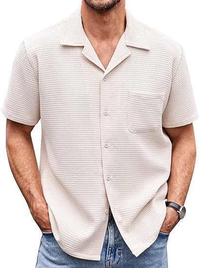 Man wearing a beige textured short-sleeve shirt with a white background