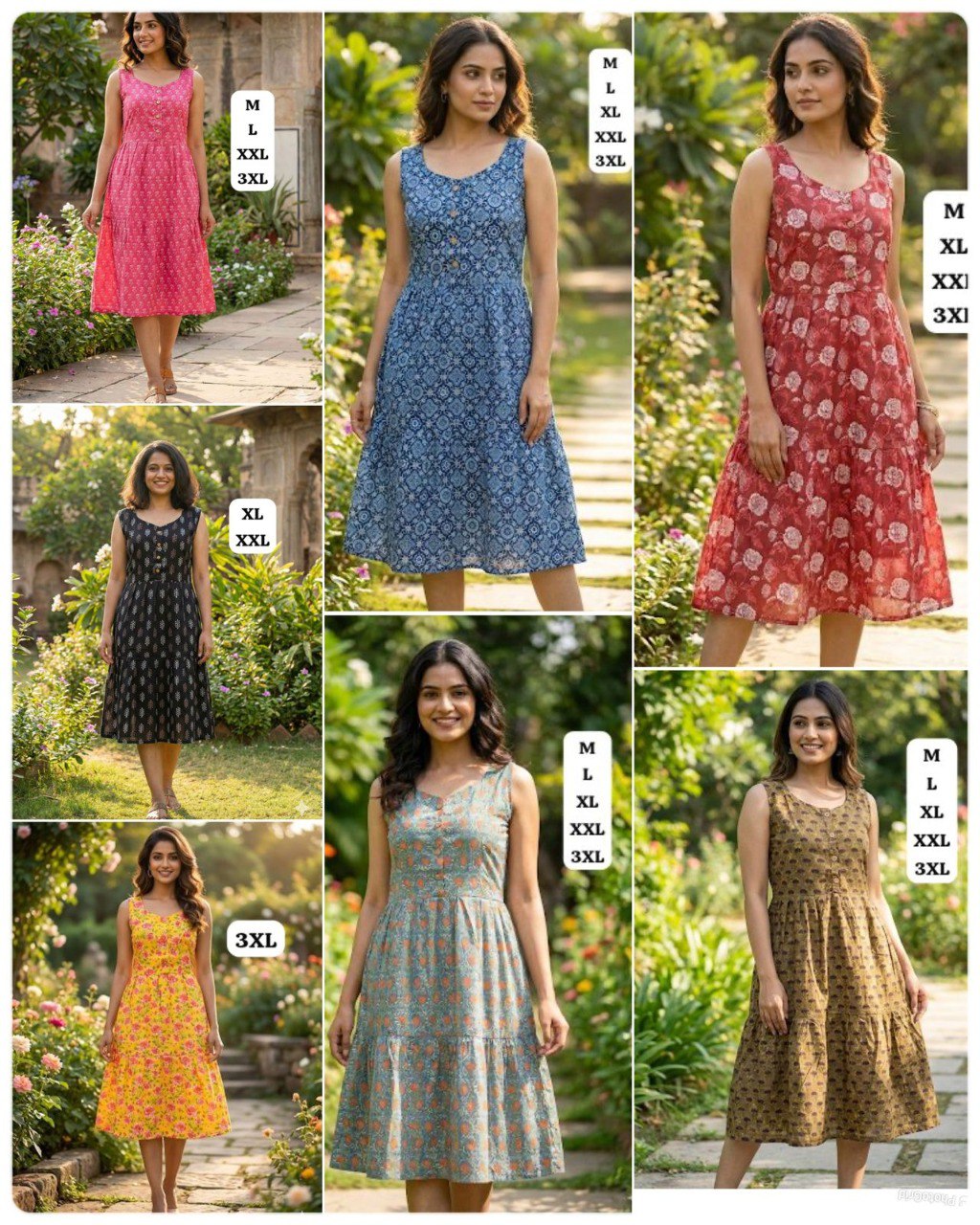 Collage of women wearing various colored floral and geometric print midi dresses by TRENDBUY.