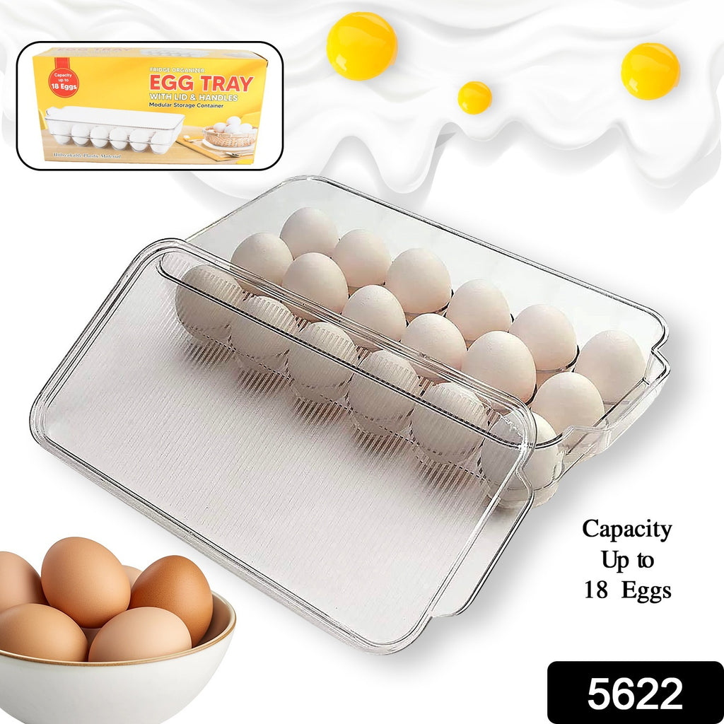 Plastic 18-cavity rectangular egg storage box with lid and handles, fitting inside a refrigerator.