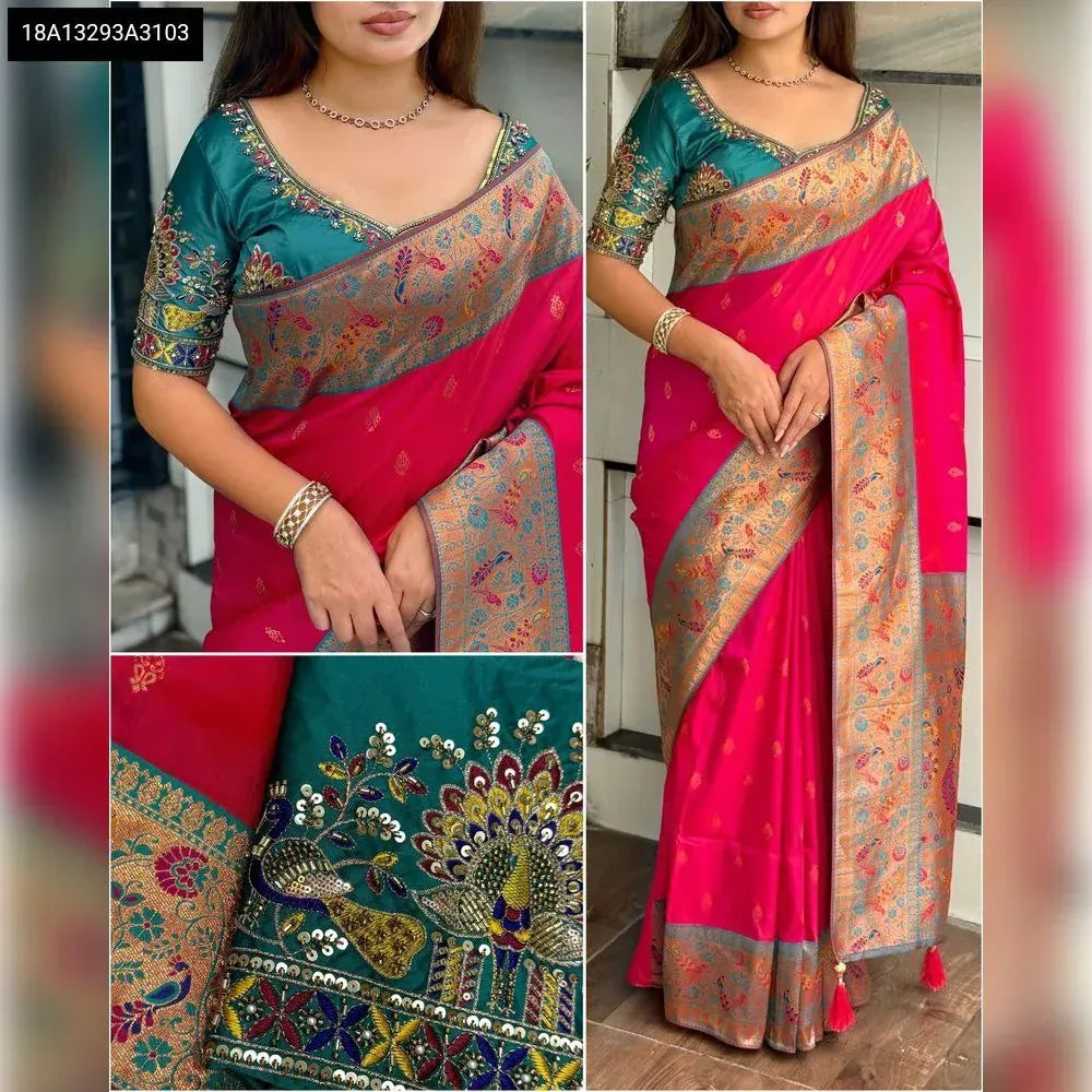 TRENDBUY Hot Pink Banarasi Silk Saree with heavy Minakari zari weaving, rich pallu, and designer teal handwork blouse featuring peacock embroidery and sequins.