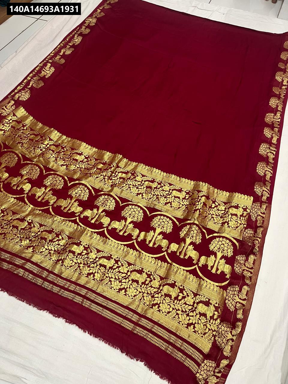 TRENDBUY Maroon Modal Ajrakh Print Saree with Nakshi Kaam Border and Pallu