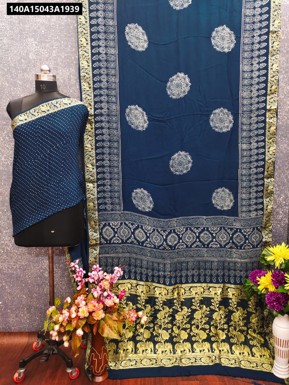 TRENDBUY Teal Blue Pure Modal Saree with Ajrakh Print and Nakshi Kaam Border