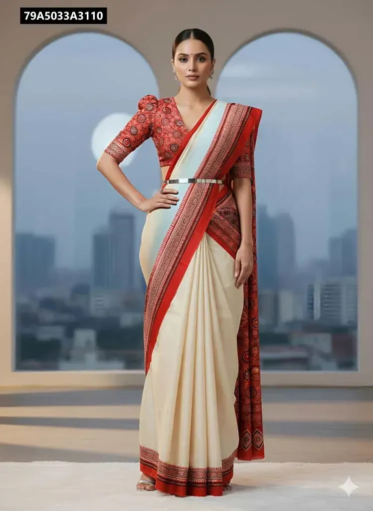 TRENDBUY Modal Silk Ajrakh Print Saree with Red Blouse, styled elegantly on a model