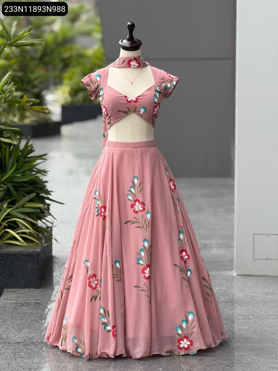 TRENDBUY Hand-Painted Georgette Lehenga full view on mannequin in Dusty Pink with floral patterns.