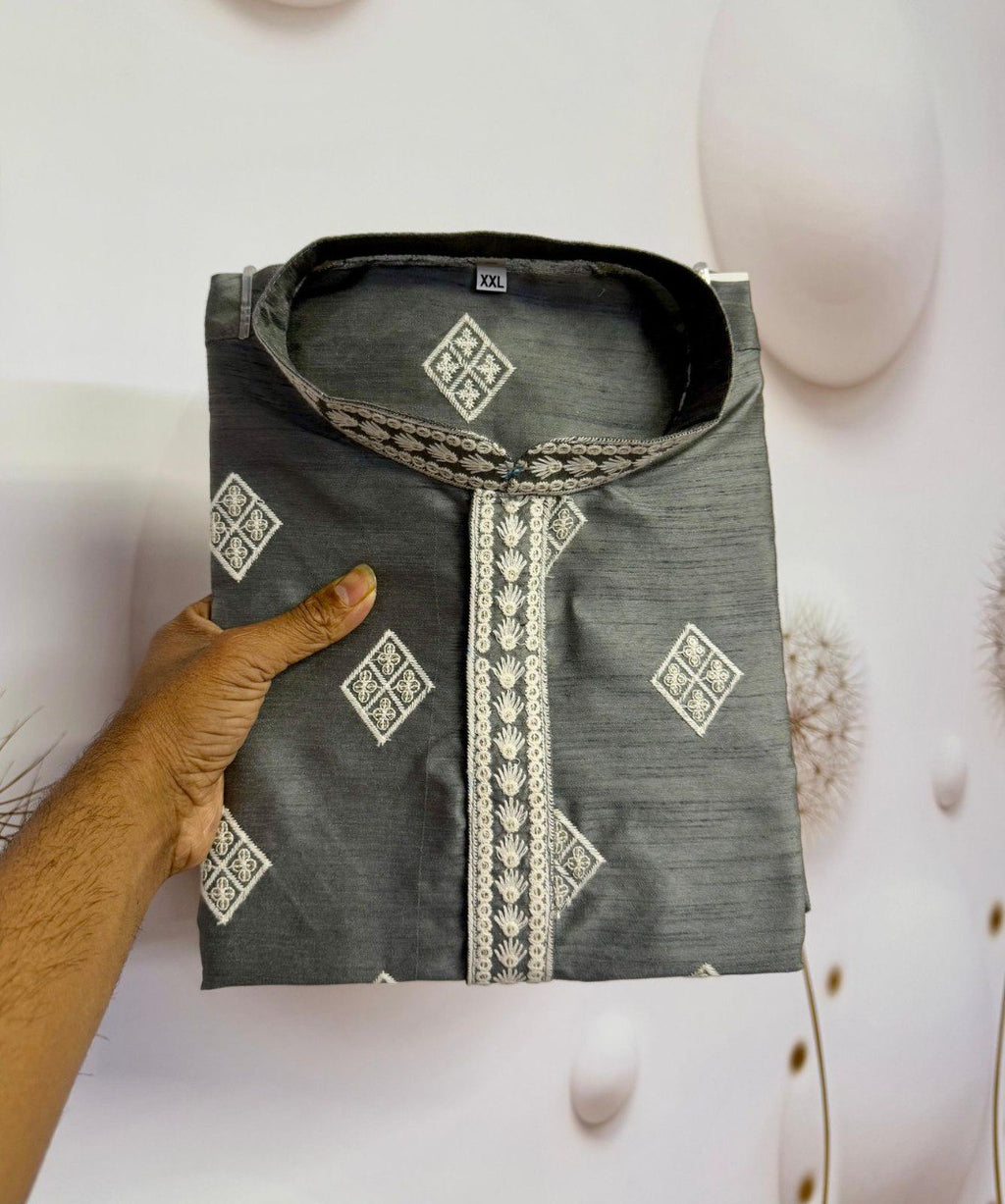 TRENDBUY Men's Grey Mono Silk Kurta with intricate sequance embroidery, folded