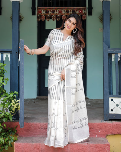 Monochrome Striped Linen Saree for Women's | Formal & Office Wear