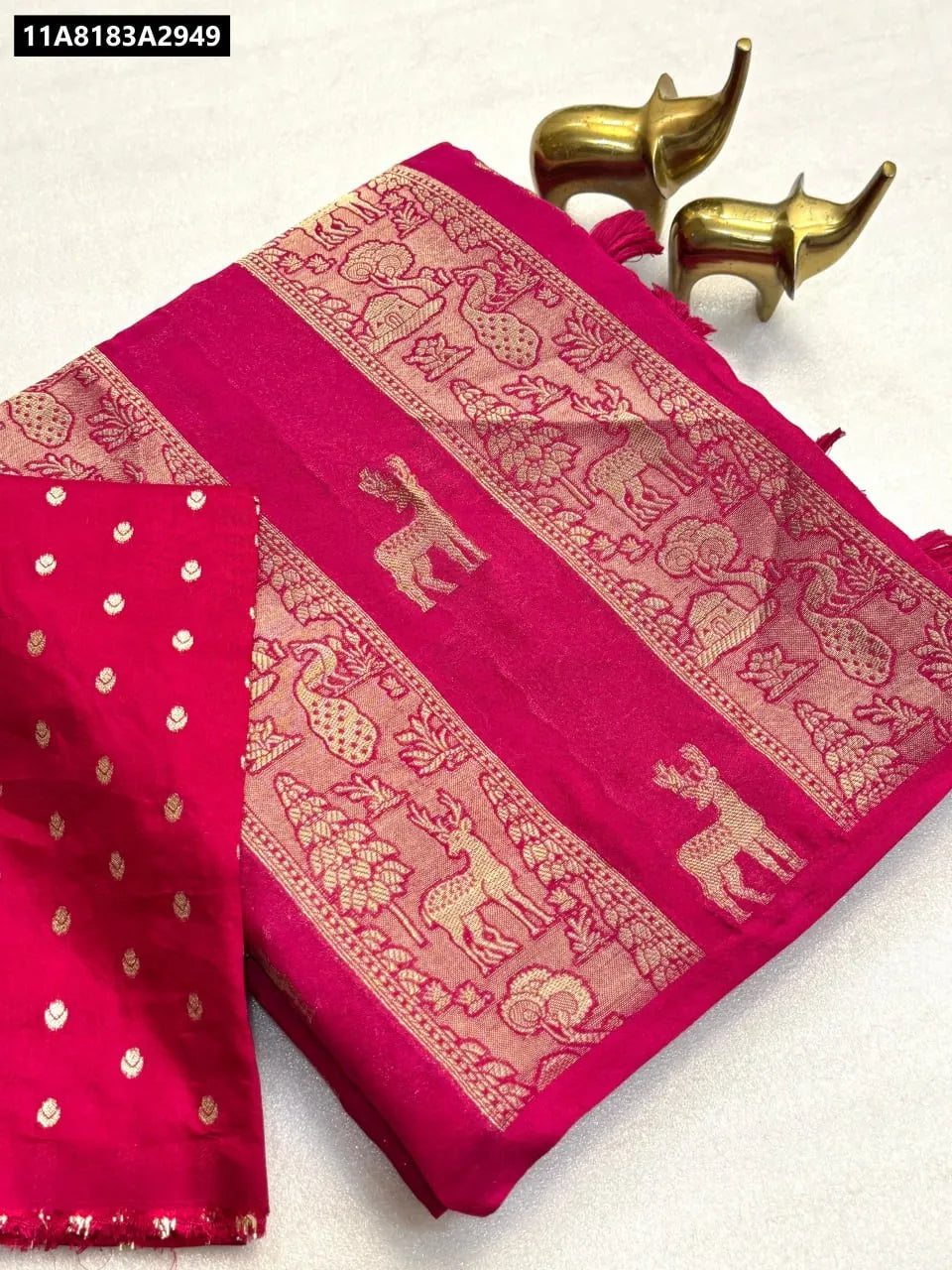TRENDBUY Pure Moonga Viscose Silk Saree in Fuchsia Pink with Gold Weaving and Butti Blouse