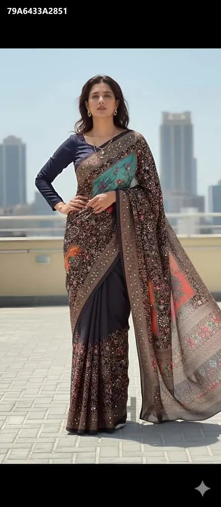 Woman posing in Charcoal Blue Mosaic Digital Print Georgette Saree with Mirror Work