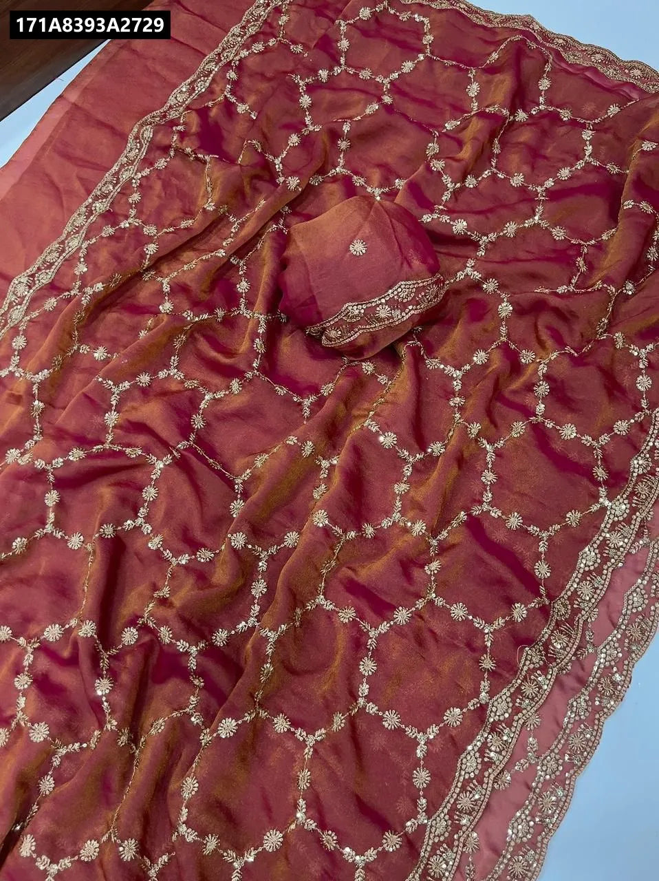 Rust Red Moss Satin Saree with multi sequence embroidery work and matching running blouse piece - TRENDBUY