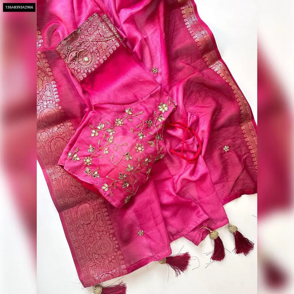 TRENDBUY Moss Silk Saree in Hot Pink with intricate floral hand work and matching embroidered blouse
