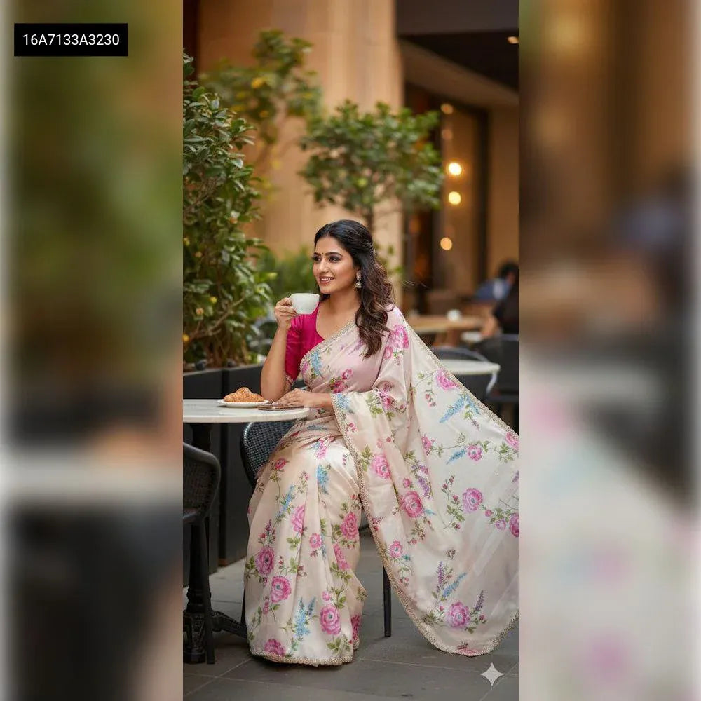 TRENDBUY Cream Floral Digital Print Chinnon Saree with Moti Work and Embroidery, model wearing
