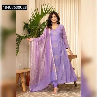 Mul Chanderi A-Line Anarkali Kurti Pant Dupatta Set for Women | Festive Wear