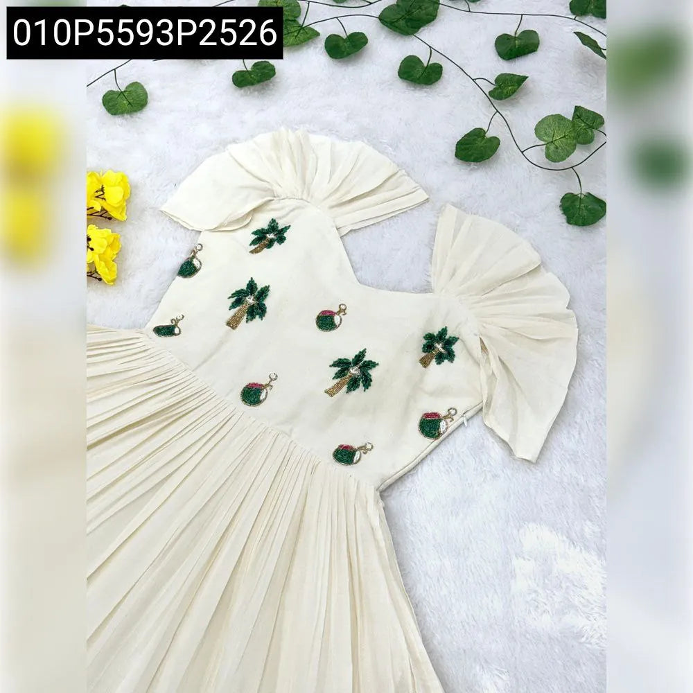 TRENDBUY Mul-Mul Cotton Midi Dress in Cream with Maggam work embroidery on bodice and pleated skirt