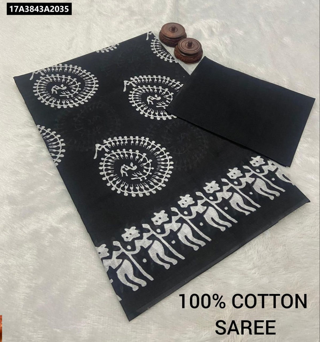 Black Mul Mul Cotton Saree with white Warli style folk art block print and plain black blouse.