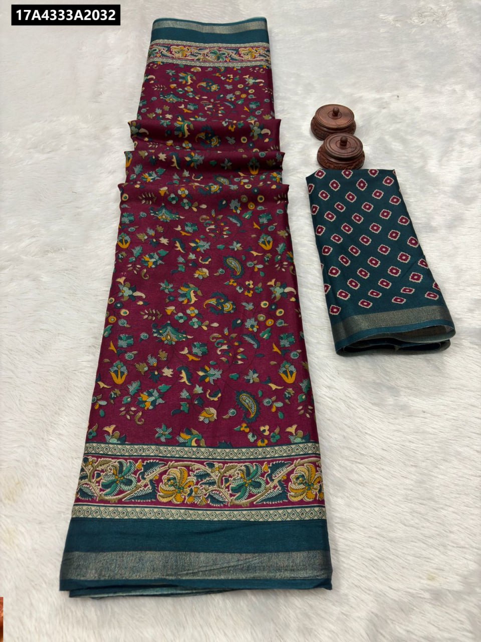 TRENDBUY Maroon Mulmul Cotton Ikkat Print Saree with Zari Border and Contrast Blouse Flat Lay