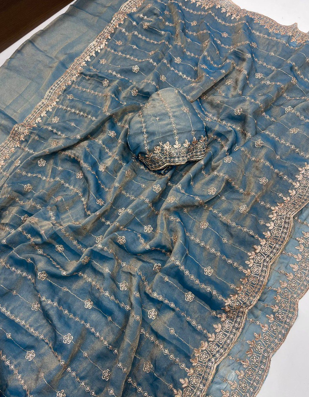 TRENDBUY Multi Embroidery Saree in Teal Blue