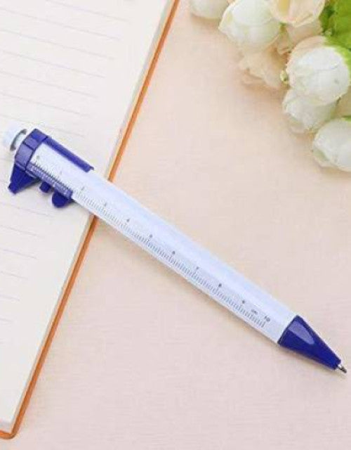 Silver multifunctional pen with ruler, screwdriver, caliper, level, and ballpoint, demonstrating its many tools.