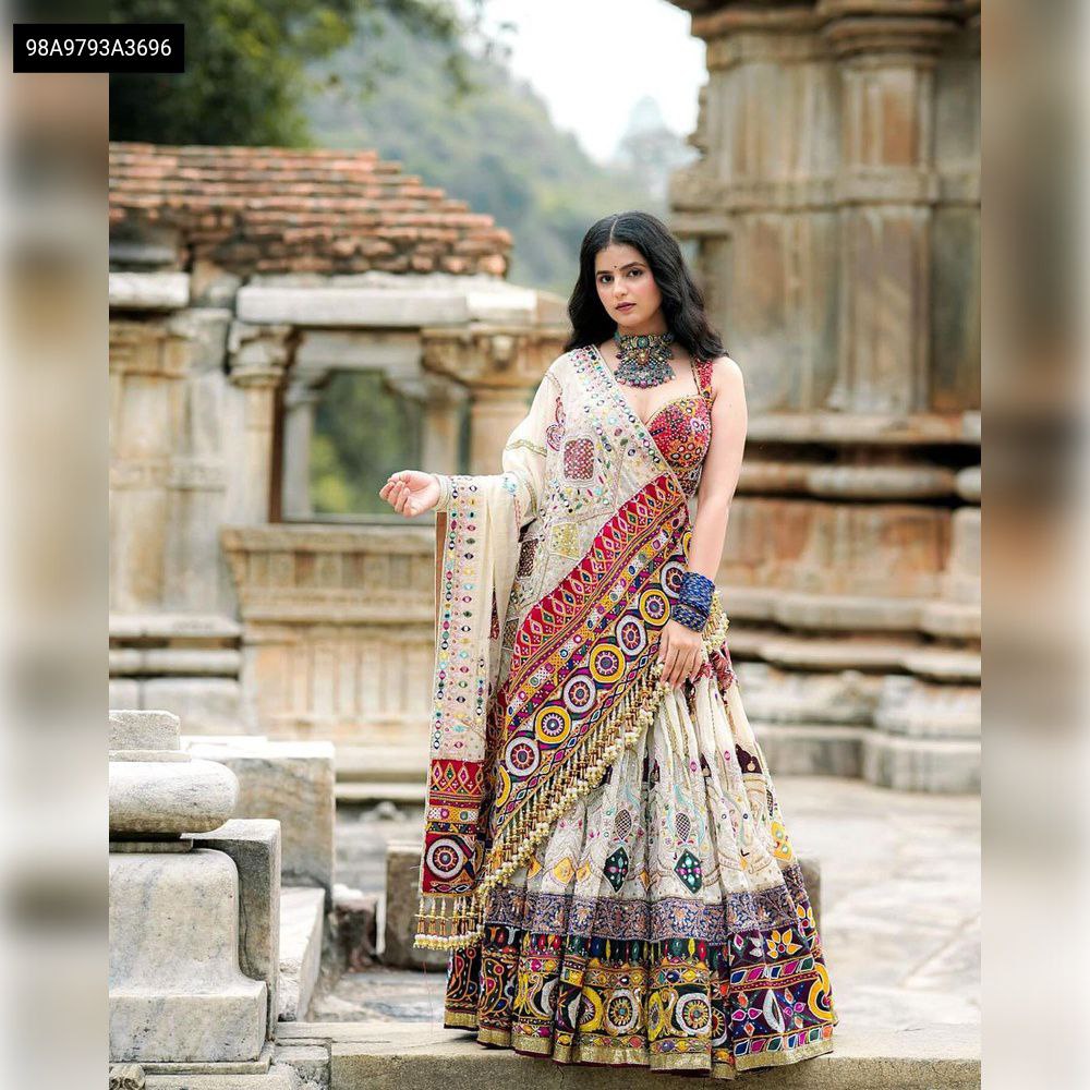 Model in TRENDBUY Muslin Cotton Lehenga Choli, front-facing, emphasizing the rich digital print, real mirror work, and flow of the ensemble.