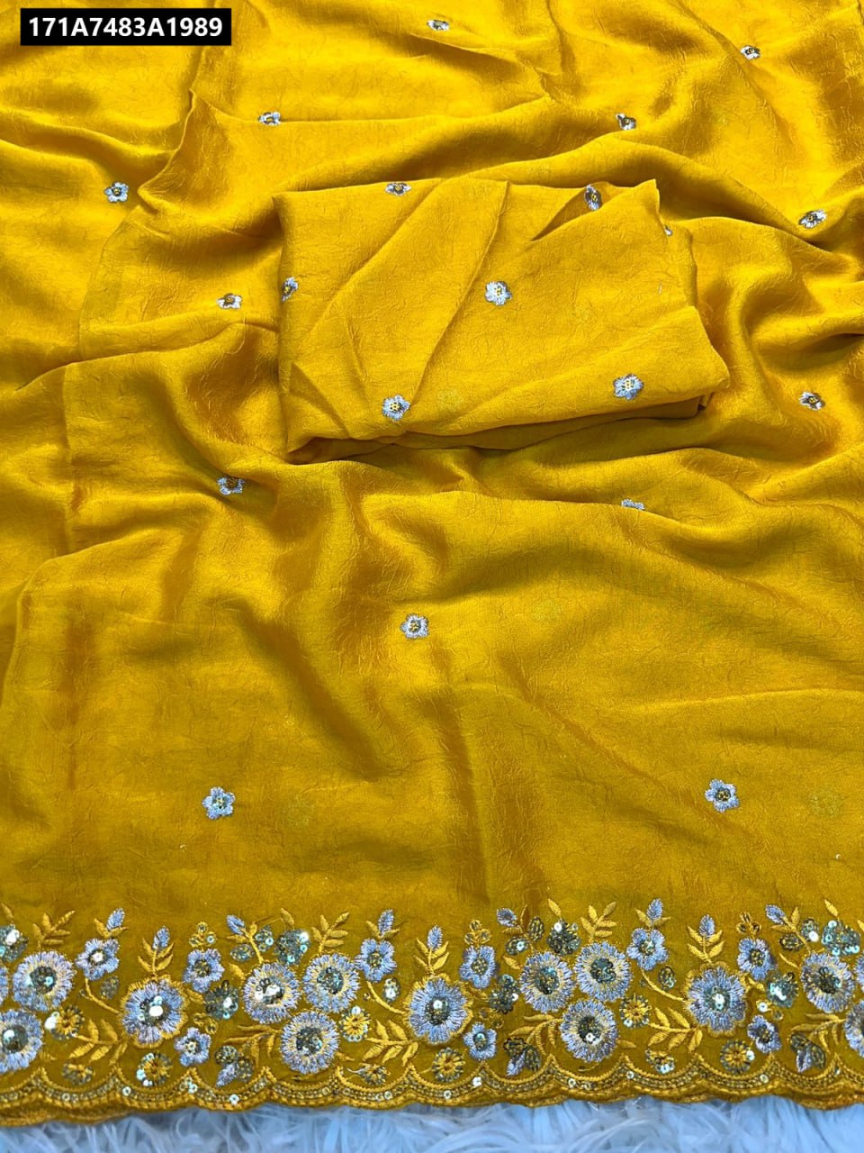 Mustard Yellow Crush Silk Saree with Sequin & Thread Embroidery and Blouse Piece