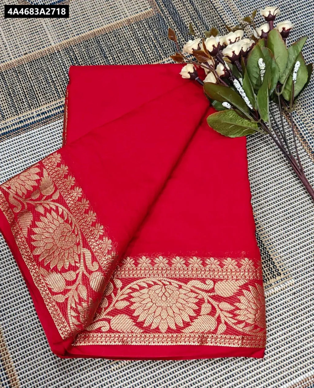 Red Mysore Crape Silk Saree with Gold Flower Fancy Border