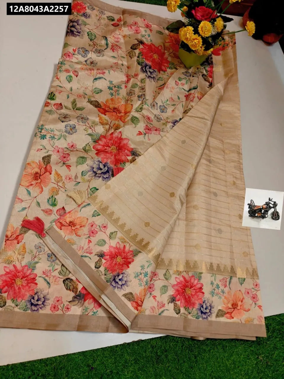 TRENDBUY Mysore Dupia Pattu Saree with vibrant floral digital print pallu and zari border, laid flat.
