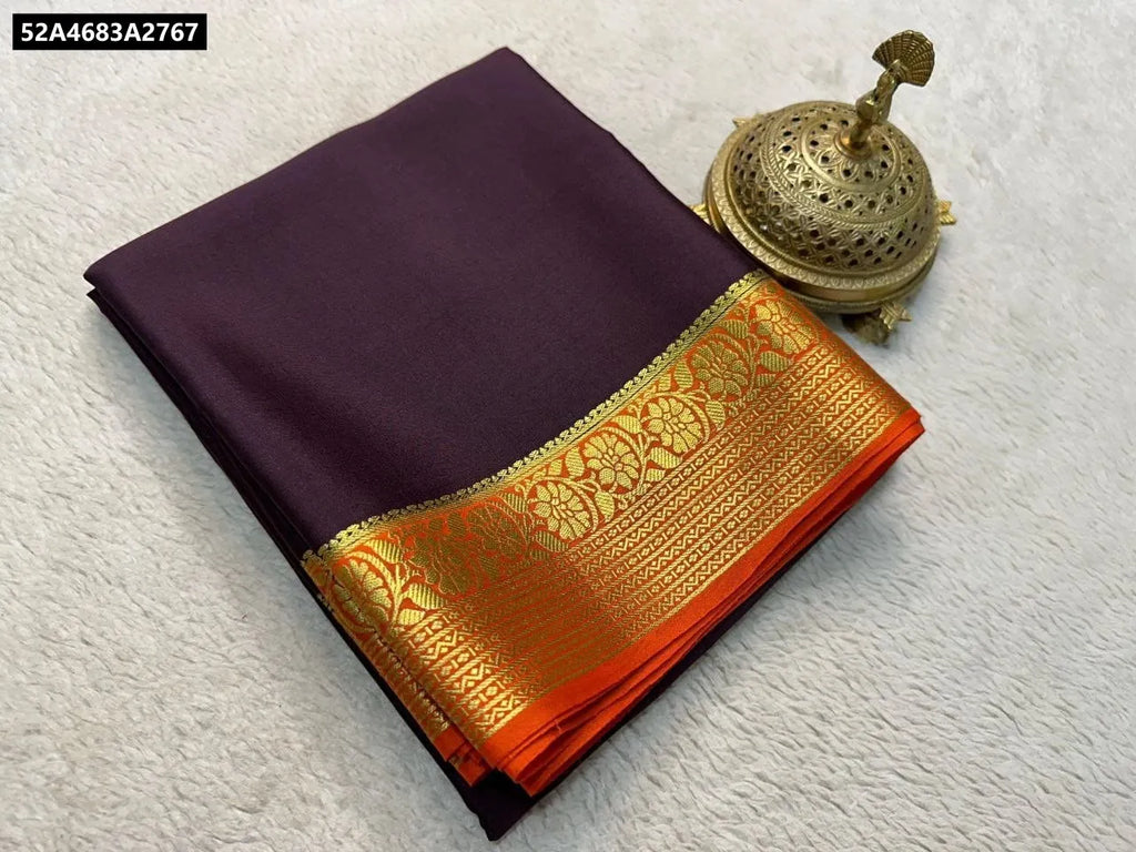 TRENDBUY Pure Semi Crepe Mysore Silk Saree in Aubergine with Orange Zari Border