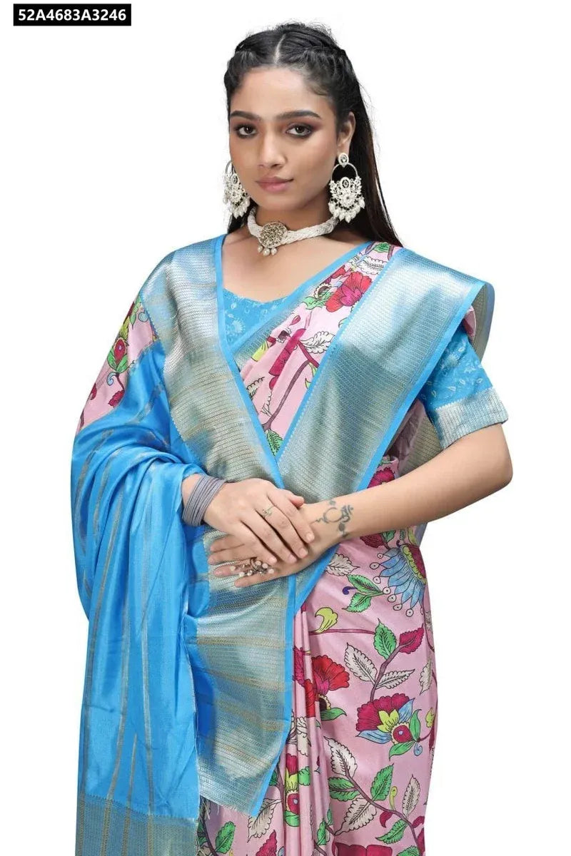 TRENDBUY Semi Crepe Mysore Silk Kalamkari Printed Saree in Mint Floral with Red Border, full body model shot, front facing.