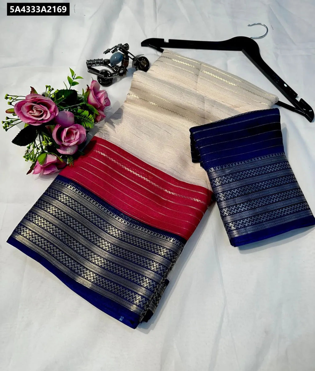 TRENDBUY Cream Mysore Silk Saree with Red pallu and Blue two-tone border, blue blouse piece, flat lay.