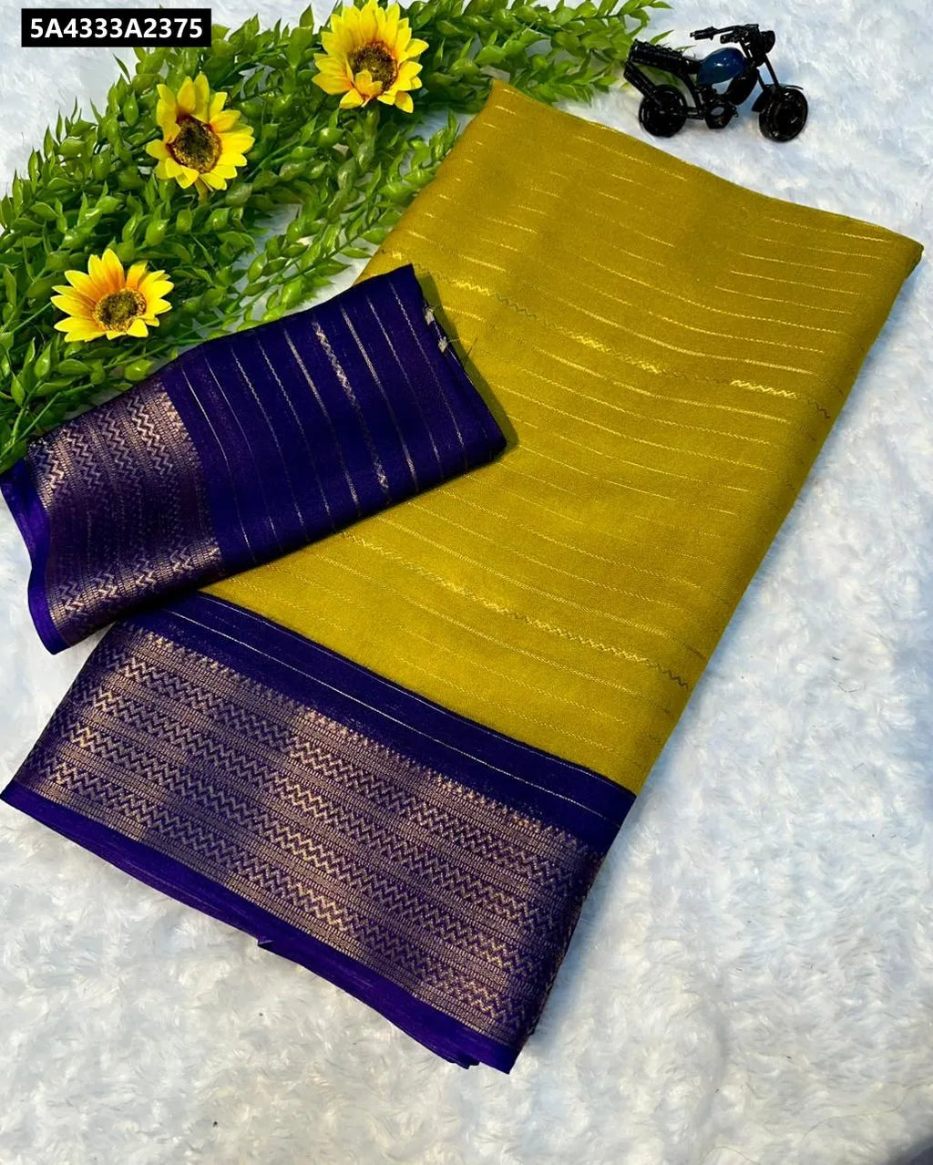 TRENDBUY Mustard and Navy Mysore Silk Saree with all-over weaving and two-tone border