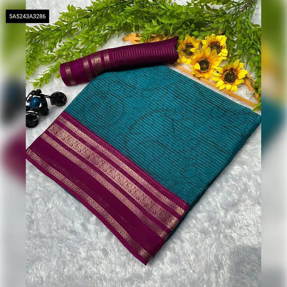 TRENDBUY Mysore Silk Saree in Teal with Magenta two-tone border, flat lay