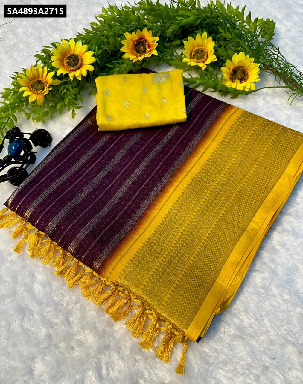 Elegant Mysore Silk Saree in Dual Tone Purple and Yellow with Weaving and Tassels, flat lay